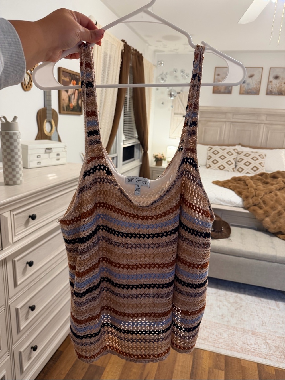 Jessica Simpson Open-Knit Striped Tank in Tan, Blue & Navy